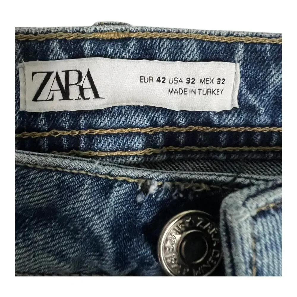 Zara Mens Jeans 32 button Fly Distressed Straight Denim